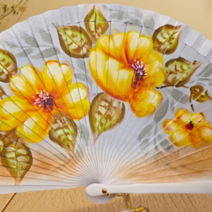 Abanico Artesanal de Madera Pintado a Mano con Flores Amarillas