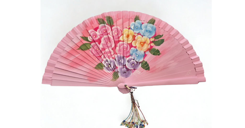 Abanico de Madera Pintado a Mano con Ramo de Flores en Corazón y Borla - Ref. 263