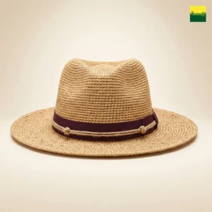 Sombrero de Rafia Estilo Fedora con Cinta Burdeos y Cordon