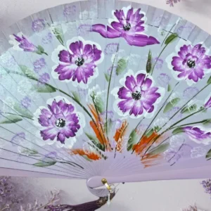 Abanico de Madera Lila Pintado a Mano con Ramo de Flores Violetas