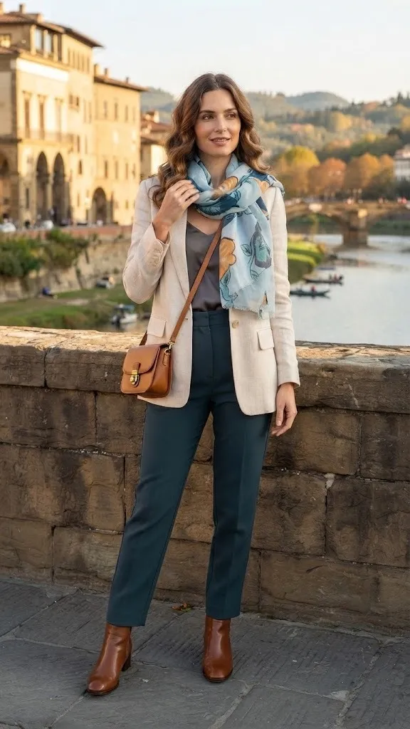 Fular Estampado Botánico en Tonos Azul, Blanco y Ocre Bufanda de Mujer - Imagen 4