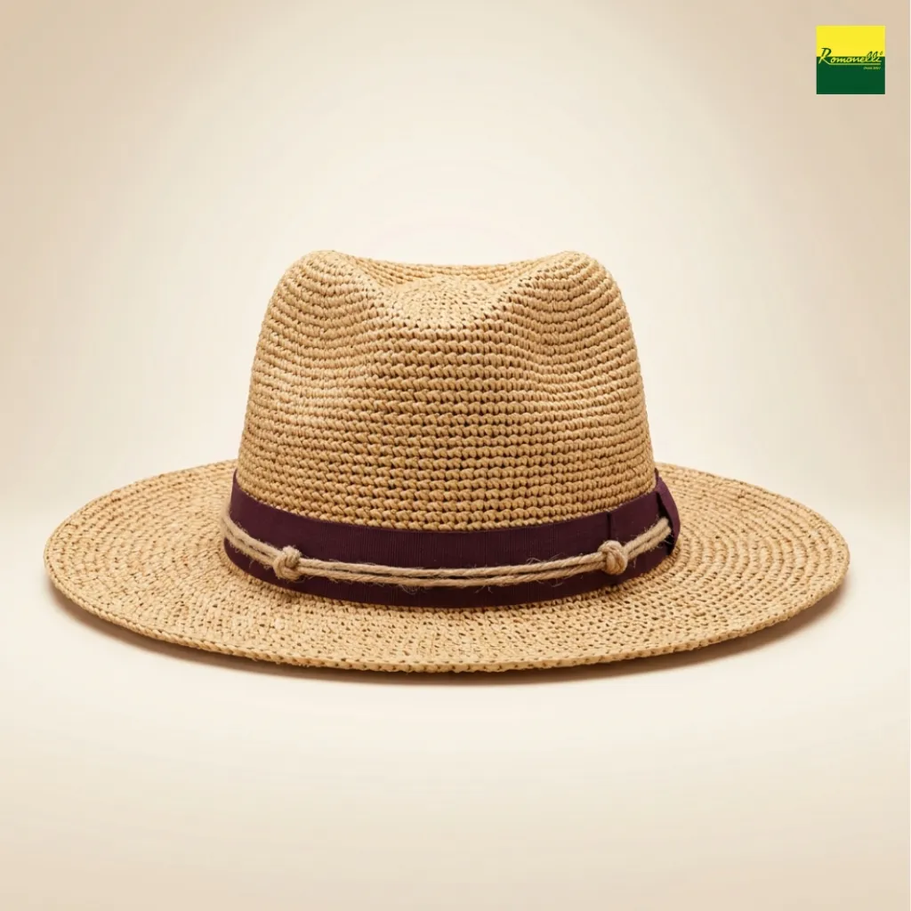 Sombrero de Rafia Estilo Fedora con Cinta Burdeos y Cordon