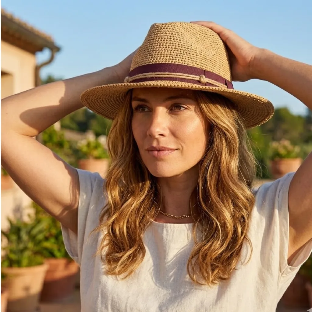 Sombrero de Rafia Estilo Fedora con Cinta Burdeos y Cordon - Imagen 2