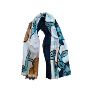 Fular Estampado Botánico en Tonos Azul, Blanco y Ocre   Bufanda de Mujer